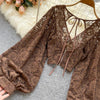 Autumn Black/White/Brown Sexy Lace Blouse Women Elegant V-Neck Puff Long Sleeve Open Back Short Tops Female Party Blusas 2021 - MAGUSTA BEAUTY