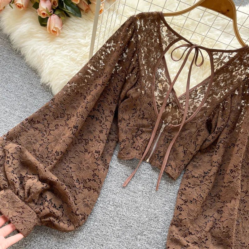 Autumn Black/White/Brown Sexy Lace Blouse Women Elegant V-Neck Puff Long Sleeve Open Back Short Tops Female Party Blusas 2021 - MAGUSTA BEAUTY