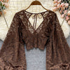 Autumn Black/White/Brown Sexy Lace Blouse Women Elegant V-Neck Puff Long Sleeve Open Back Short Tops Female Party Blusas 2021 - MAGUSTA BEAUTY
