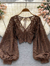 Autumn Black/White/Brown Sexy Lace Blouse Women Elegant V-Neck Puff Long Sleeve Open Back Short Tops Female Party Blusas 2021 - MAGUSTA BEAUTY