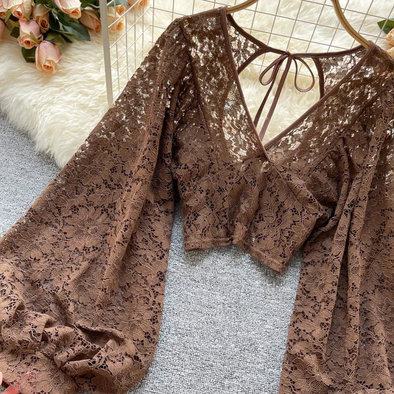 Autumn Black/White/Brown Sexy Lace Blouse Women Elegant V-Neck Puff Long Sleeve Open Back Short Tops Female Party Blusas 2021 - MAGUSTA BEAUTY