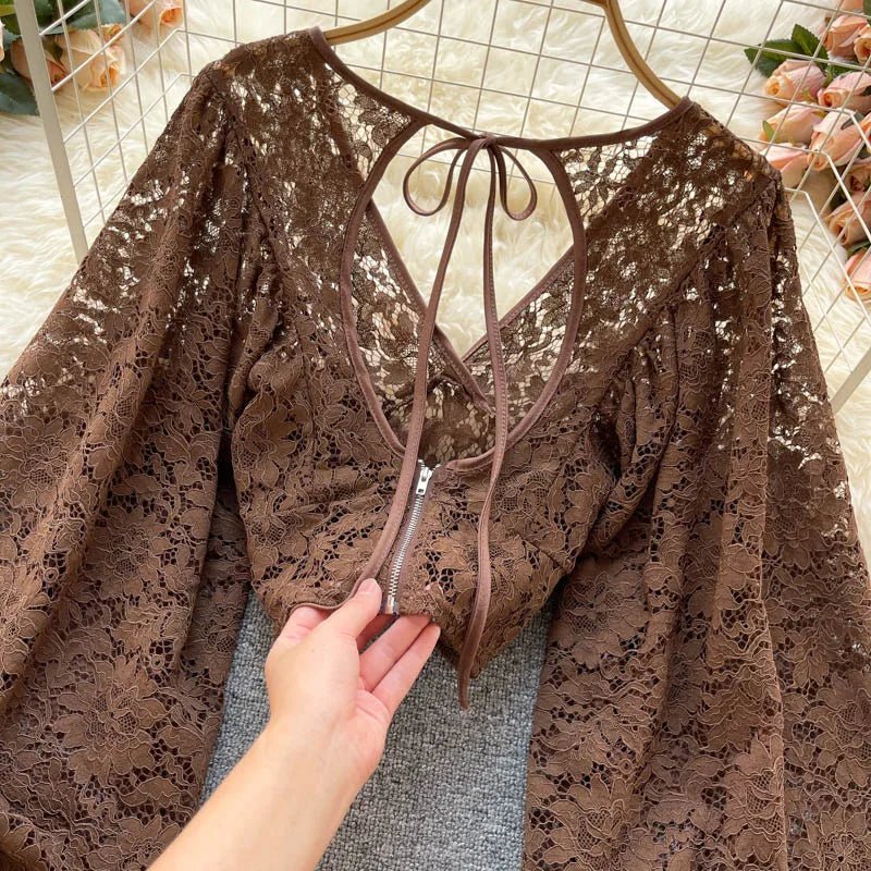Autumn Black/White/Brown Sexy Lace Blouse Women Elegant V-Neck Puff Long Sleeve Open Back Short Tops Female Party Blusas 2021 - MAGUSTA BEAUTY