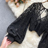 Autumn Black/White/Brown Sexy Lace Blouse Women Elegant V-Neck Puff Long Sleeve Open Back Short Tops Female Party Blusas 2021 - MAGUSTA BEAUTY