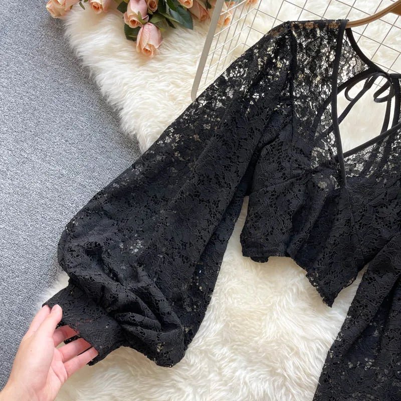 Autumn Black/White/Brown Sexy Lace Blouse Women Elegant V-Neck Puff Long Sleeve Open Back Short Tops Female Party Blusas 2021 - MAGUSTA BEAUTY