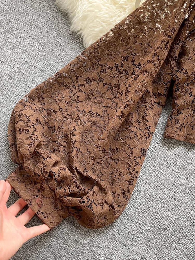 Autumn Black/White/Brown Sexy Lace Blouse Women Elegant V-Neck Puff Long Sleeve Open Back Short Tops Female Party Blusas 2021 - MAGUSTA BEAUTY