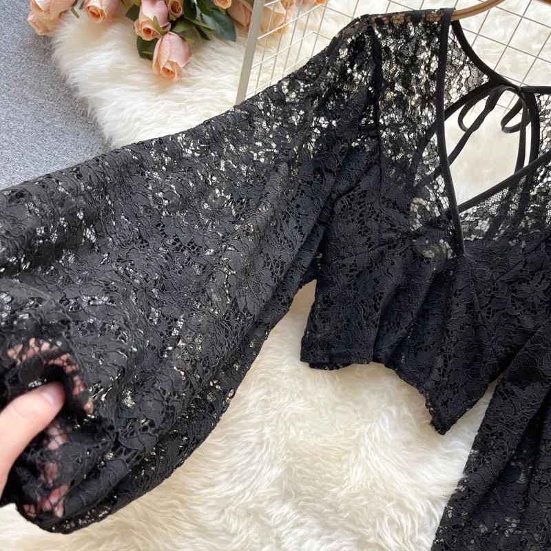 Autumn Black/White/Brown Sexy Lace Blouse Women Elegant V-Neck Puff Long Sleeve Open Back Short Tops Female Party Blusas 2021 - MAGUSTA BEAUTY