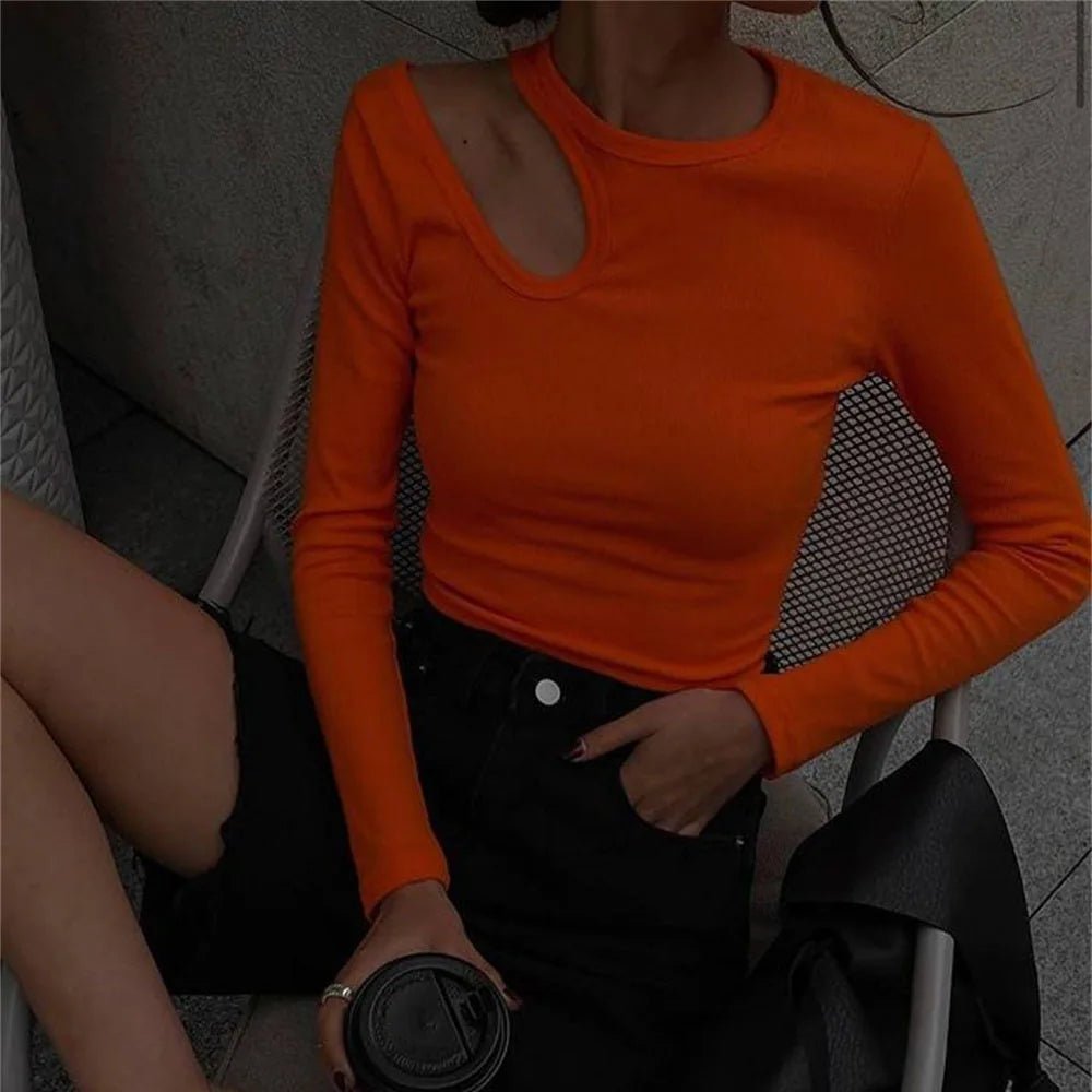 Autumn Winter Ribber Knitted T Shirts Women Green Spring Cut Out White Basic Long Sleeve Crop Tops Casual Tees - MAGUSTA BEAUTY