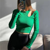 Autumn Winter Ribber Knitted T Shirts Women Green Spring Cut Out White Basic Long Sleeve Crop Tops Casual Tees - MAGUSTA BEAUTY