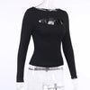 Autumn Women tshirt Hollow Out Solid Black White Long Sleeve Knitted Tee Tops Casual Slim O Neck Fashion t shirt - MAGUSTA BEAUTY