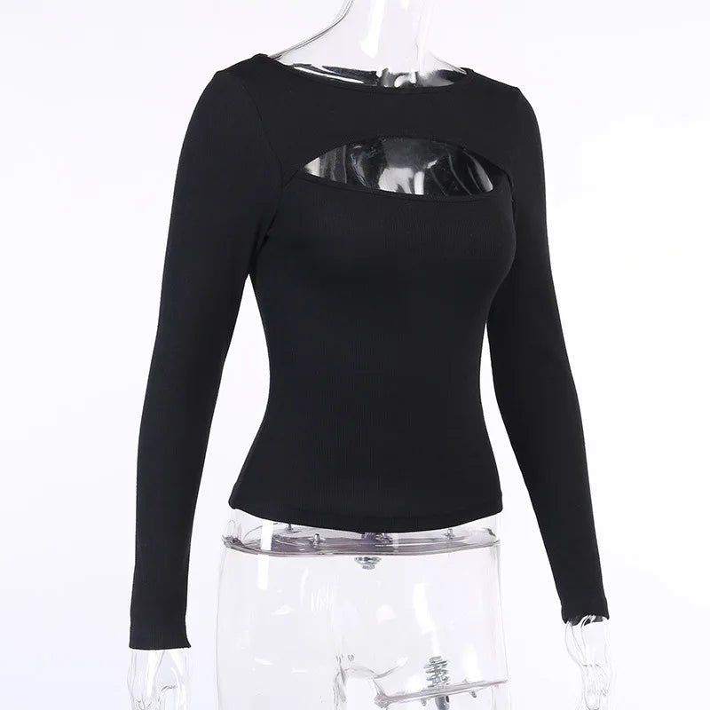 Autumn Women tshirt Hollow Out Solid Black White Long Sleeve Knitted Tee Tops Casual Slim O Neck Fashion t shirt - MAGUSTA BEAUTY