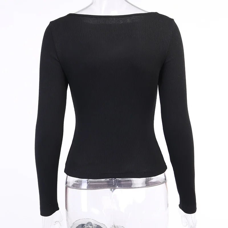 Autumn Women tshirt Hollow Out Solid Black White Long Sleeve Knitted Tee Tops Casual Slim O Neck Fashion t shirt - MAGUSTA BEAUTY