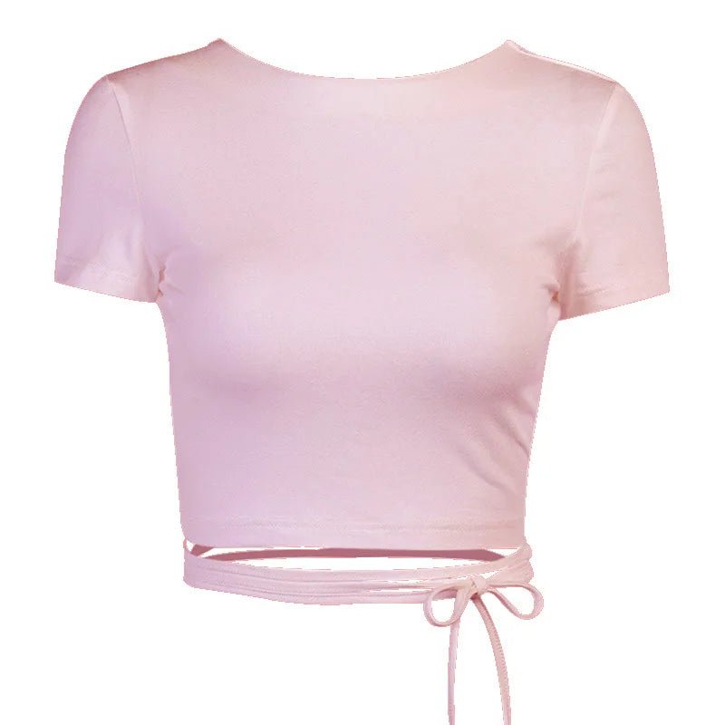 Bandage Backless White T Shirt Crop Top Women Y2k Aesthetic Clothes Korean Fashion Kawaii Short Sleeve Tshirts Sexy Summer 2022 - MAGUSTA BEAUTY