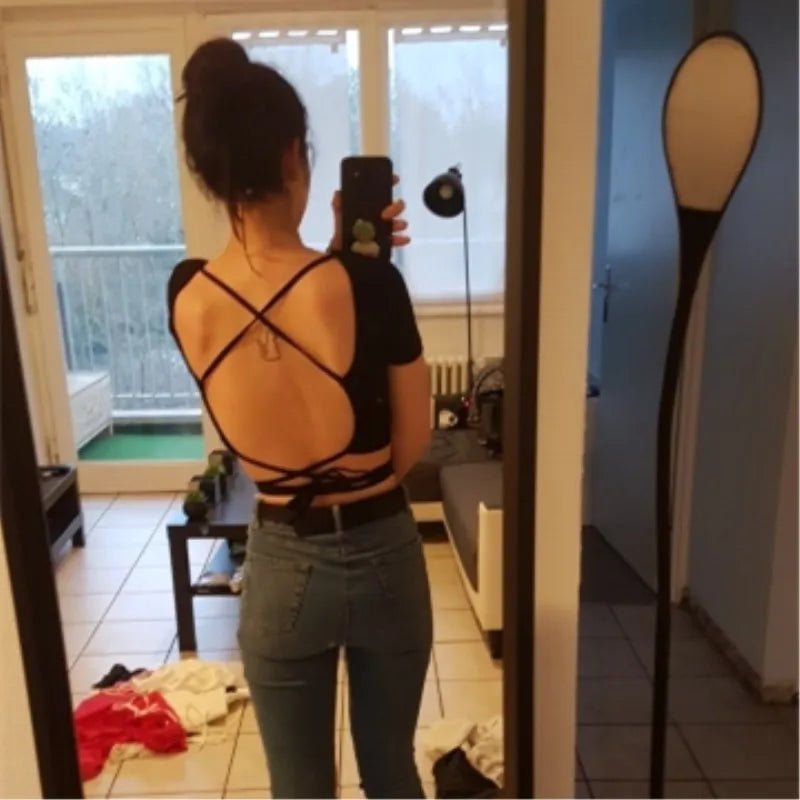 Bandage Backless White T Shirt Crop Top Women Y2k Aesthetic Clothes Korean Fashion Kawaii Short Sleeve Tshirts Sexy Summer 2022 - MAGUSTA BEAUTY