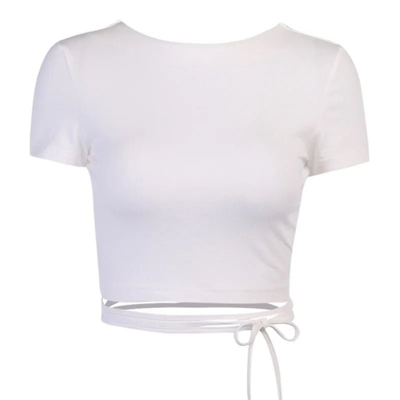 Bandage Backless White T Shirt Crop Top Women Y2k Aesthetic Clothes Korean Fashion Kawaii Short Sleeve Tshirts Sexy Summer 2022 - MAGUSTA BEAUTY