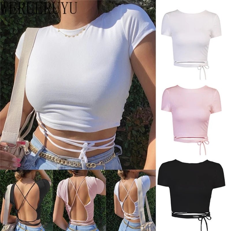 Bandage Backless White T Shirt Crop Top Women Y2k Aesthetic Clothes Korean Fashion Kawaii Short Sleeve Tshirts Sexy Summer 2022 - MAGUSTA BEAUTY