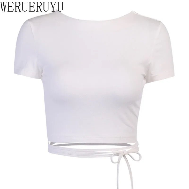 Bandage Backless White T Shirt Crop Top Women Y2k Aesthetic Clothes Korean Fashion Kawaii Short Sleeve Tshirts Sexy Summer 2022 - MAGUSTA BEAUTY