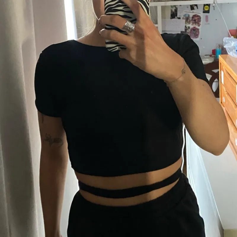 Bandage Backless White T Shirt Crop Top Women Y2k Aesthetic Clothes Korean Fashion Kawaii Short Sleeve Tshirts Sexy Summer 2022 - MAGUSTA BEAUTY