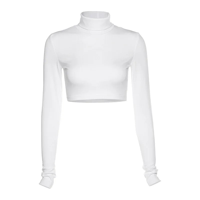Basic Sheath Women Solid Turtleneck Tshirt Autumn Stretch Casual Undershirt Female All-match Street Activity Crop Tops - MAGUSTA BEAUTY