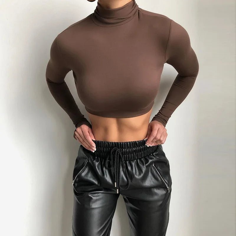 Basic Sheath Women Solid Turtleneck Tshirt Autumn Stretch Casual Undershirt Female All-match Street Activity Crop Tops - MAGUSTA BEAUTY