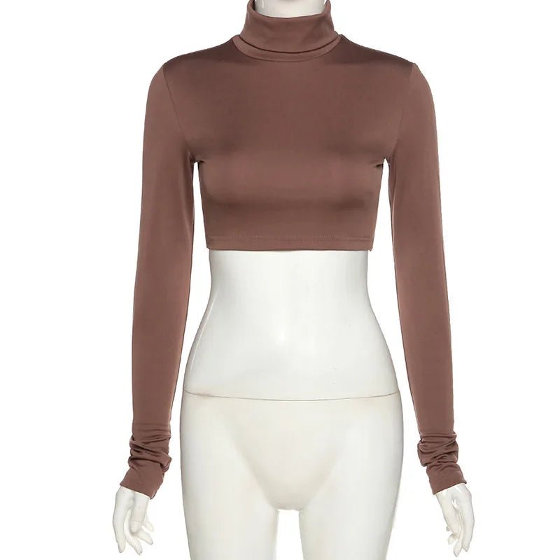 Basic Sheath Women Solid Turtleneck Tshirt Autumn Stretch Casual Undershirt Female All-match Street Activity Crop Tops - MAGUSTA BEAUTY