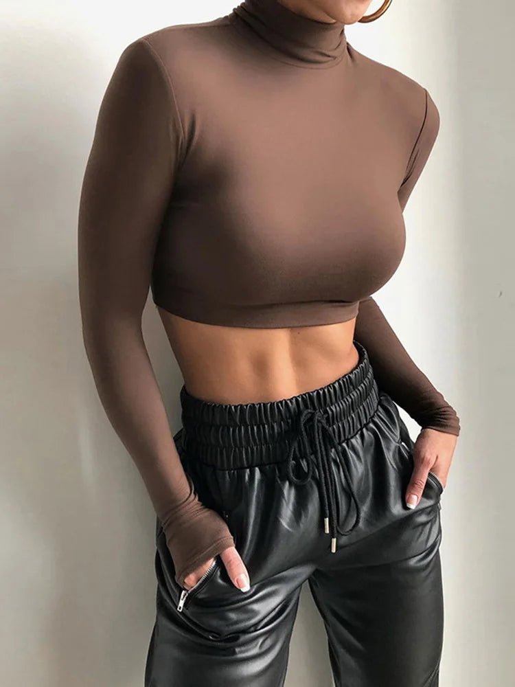 Basic Sheath Women Solid Turtleneck Tshirt Autumn Stretch Casual Undershirt Female All-match Street Activity Crop Tops - MAGUSTA BEAUTY