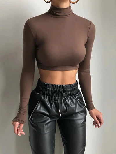 Basic Sheath Women Solid Turtleneck Tshirt Autumn Stretch Casual Undershirt Female All-match Street Activity Crop Tops - MAGUSTA BEAUTY