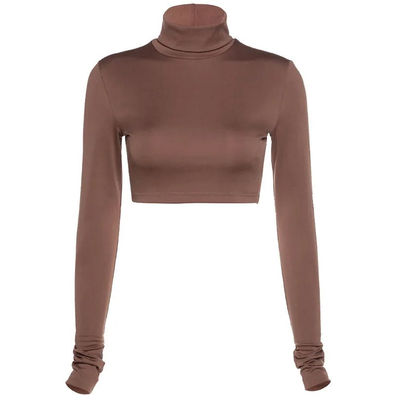 Basic Sheath Women Solid Turtleneck Tshirt Autumn Stretch Casual Undershirt Female All-match Street Activity Crop Tops - MAGUSTA BEAUTY
