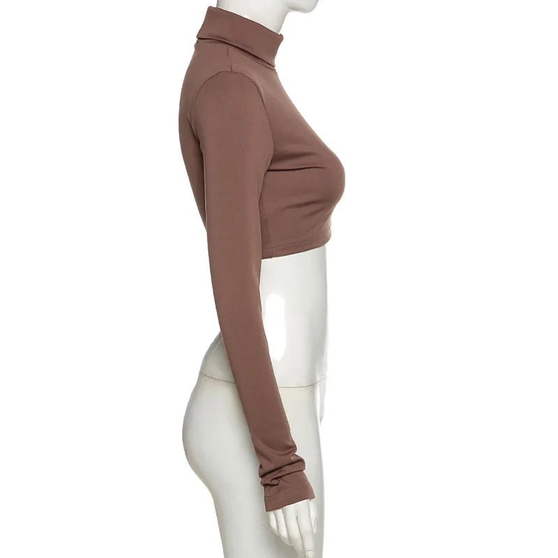 Basic Sheath Women Solid Turtleneck Tshirt Autumn Stretch Casual Undershirt Female All-match Street Activity Crop Tops - MAGUSTA BEAUTY