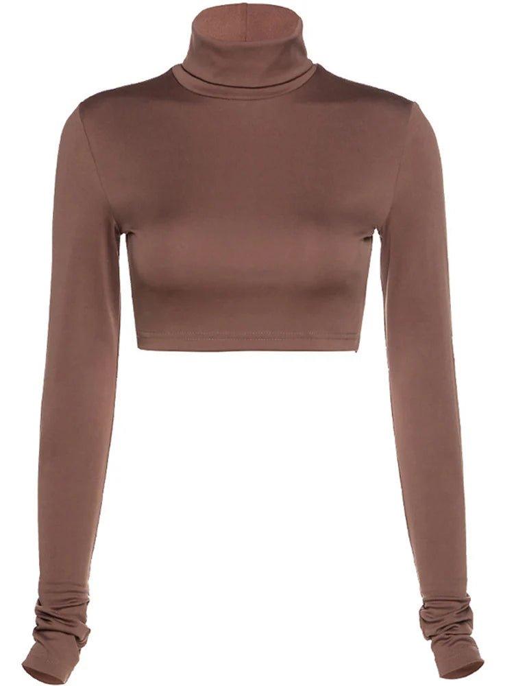 Basic Sheath Women Solid Turtleneck Tshirt Autumn Stretch Casual Undershirt Female All-match Street Activity Crop Tops - MAGUSTA BEAUTY