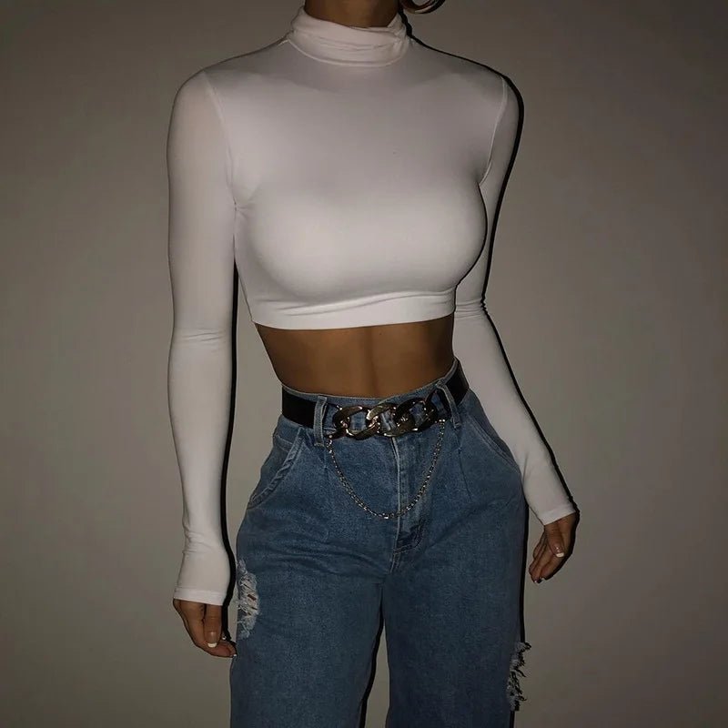Basic Sheath Women Solid Turtleneck Tshirt Autumn Stretch Casual Undershirt Female All-match Street Activity Crop Tops - MAGUSTA BEAUTY