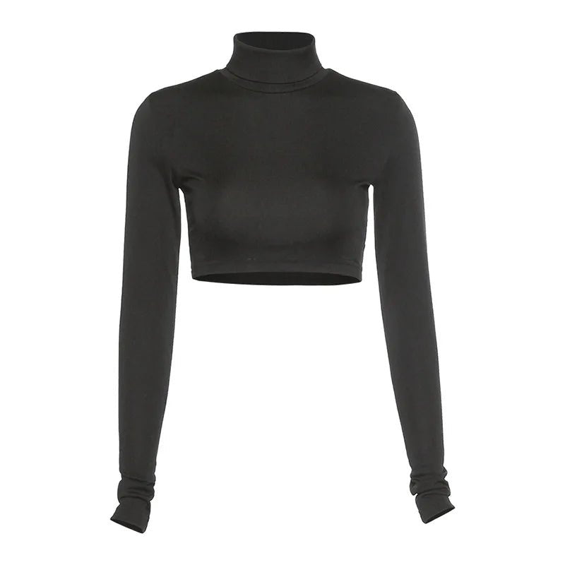Basic Sheath Women Solid Turtleneck Tshirt Autumn Stretch Casual Undershirt Female All-match Street Activity Crop Tops - MAGUSTA BEAUTY