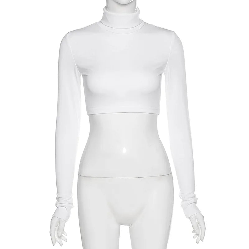 Basic Sheath Women Solid Turtleneck Tshirt Autumn Stretch Casual Undershirt Female All-match Street Activity Crop Tops - MAGUSTA BEAUTY