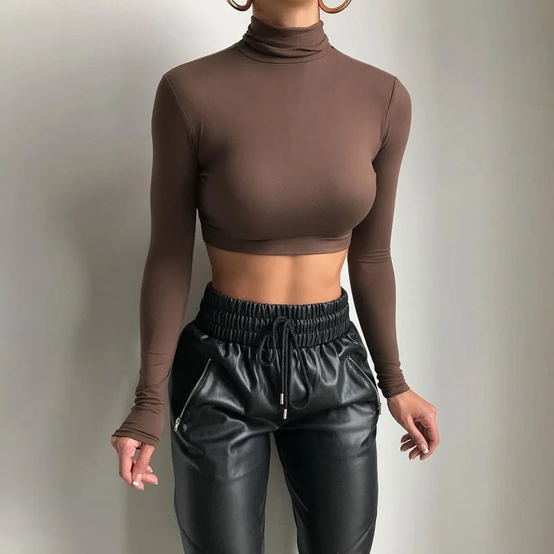 Basic Sheath Women Solid Turtleneck Tshirt Autumn Stretch Casual Undershirt Female All-match Street Activity Crop Tops - MAGUSTA BEAUTY