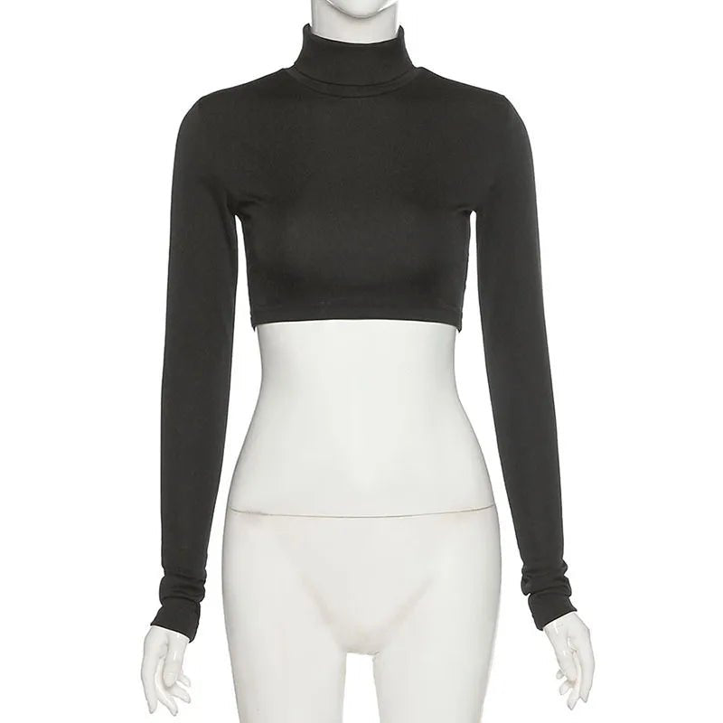 Basic Sheath Women Solid Turtleneck Tshirt Autumn Stretch Casual Undershirt Female All-match Street Activity Crop Tops - MAGUSTA BEAUTY