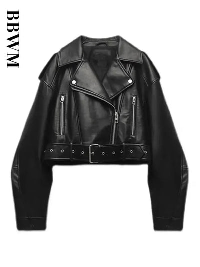 BBWM Women Oversized Vintage Loose Pu Faux Leather Short Jacket with Belt Streetwear Female Zipper Retro Moto Biker Coat Outwear - MAGUSTA BEAUTY