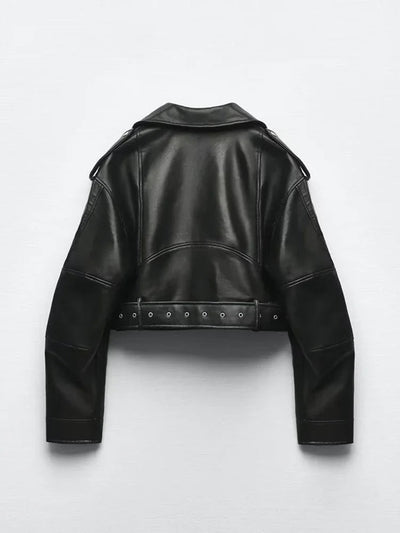 BBWM Women Oversized Vintage Loose Pu Faux Leather Short Jacket with Belt Streetwear Female Zipper Retro Moto Biker Coat Outwear - MAGUSTA BEAUTY
