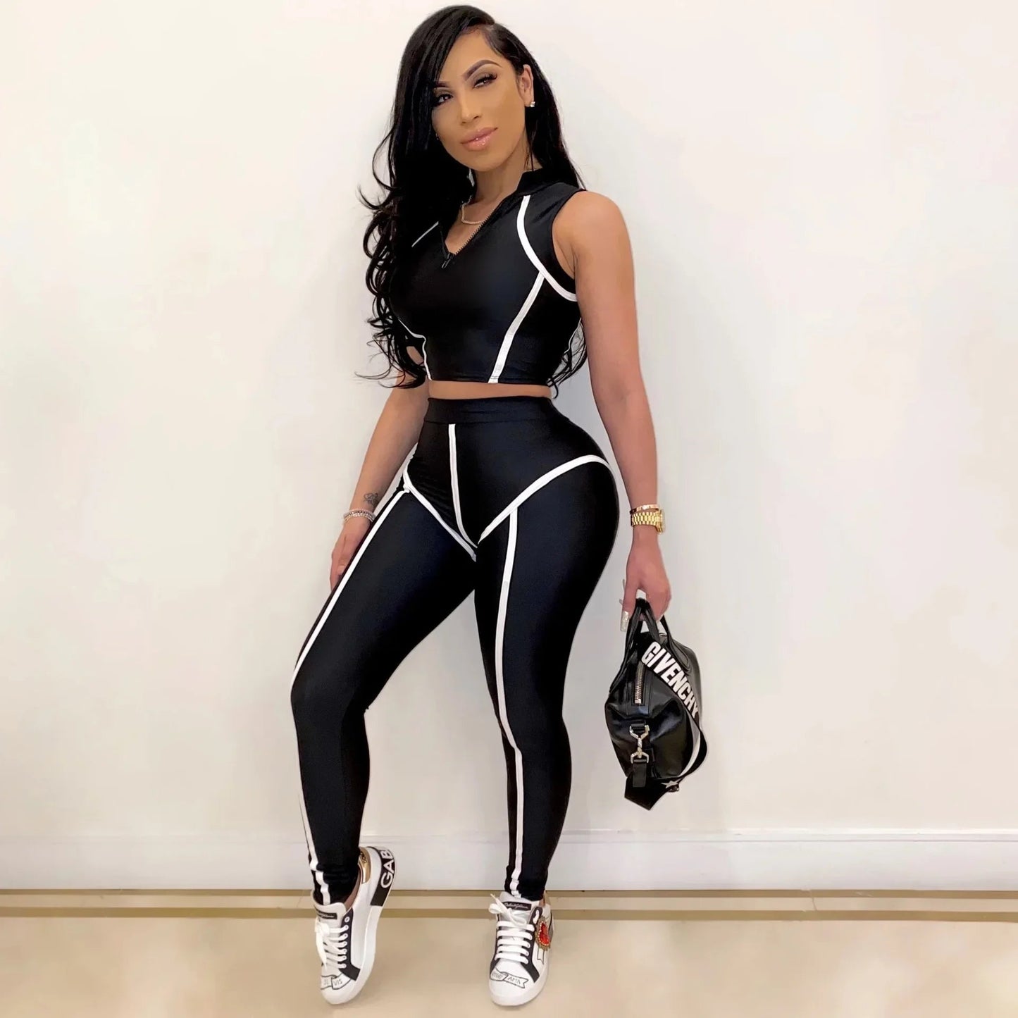 Best Selling High Neck Yoga Set N369 Punk Style Two Piece Patchwork Striped Casual Sportswear from Mainland China Women's Fashio - MAGUSTA BEAUTY