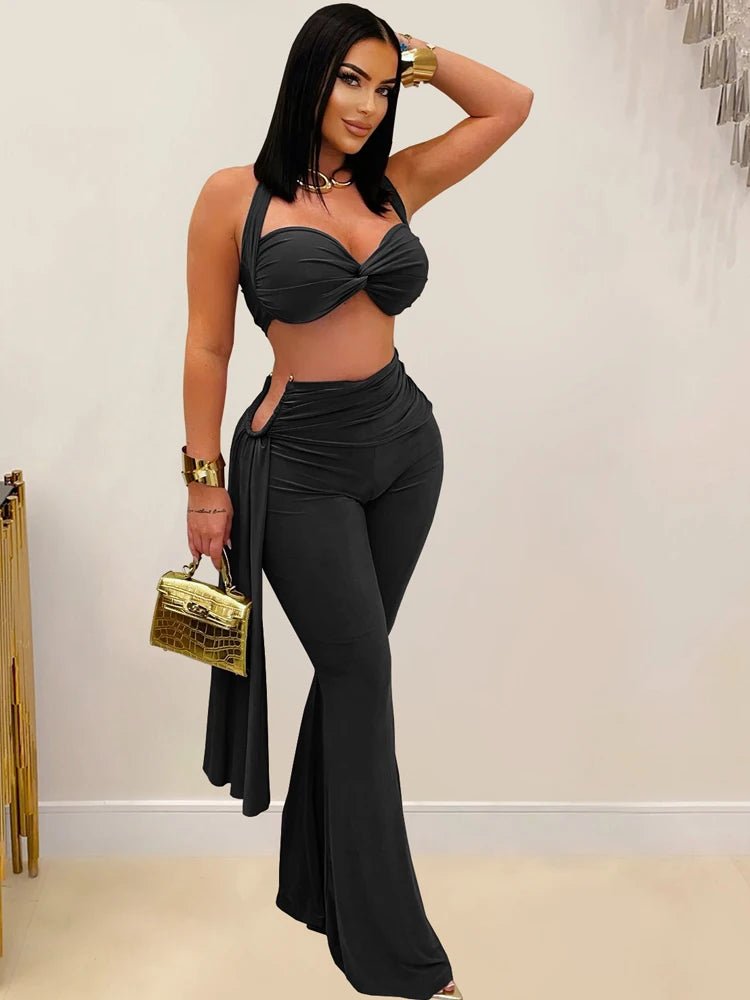 Beyprern New Chic Twist Front Crop Top And Long Straps Wide Legs Pants Set Womens Ruched Metal Tracksuits Set Night Out Overalls - MAGUSTA BEAUTY