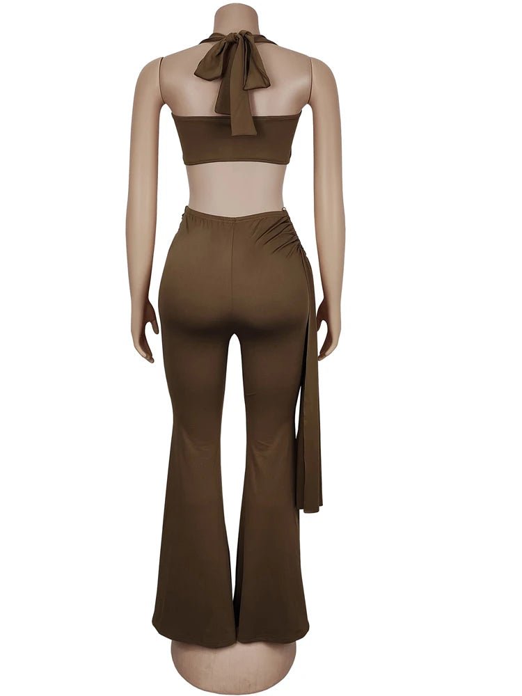Beyprern New Chic Twist Front Crop Top And Long Straps Wide Legs Pants Set Womens Ruched Metal Tracksuits Set Night Out Overalls - MAGUSTA BEAUTY
