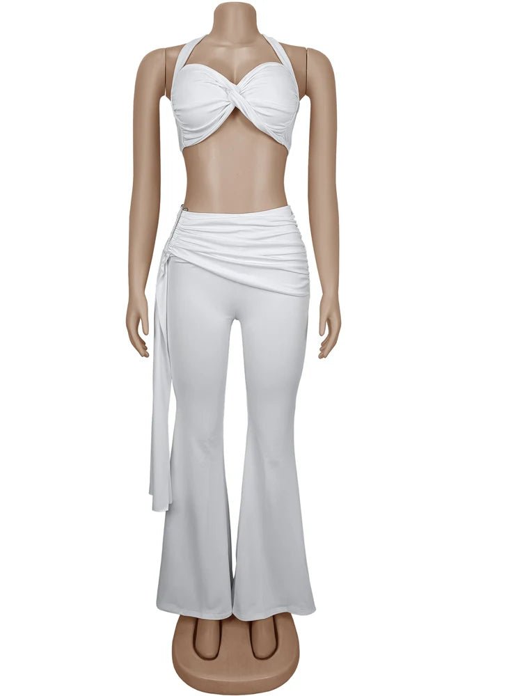 Beyprern New Chic Twist Front Crop Top And Long Straps Wide Legs Pants Set Womens Ruched Metal Tracksuits Set Night Out Overalls - MAGUSTA BEAUTY
