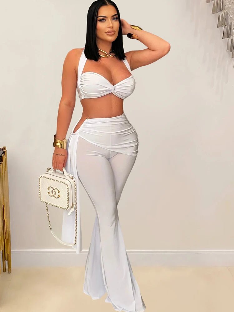 Beyprern New Chic Twist Front Crop Top And Long Straps Wide Legs Pants Set Womens Ruched Metal Tracksuits Set Night Out Overalls - MAGUSTA BEAUTY