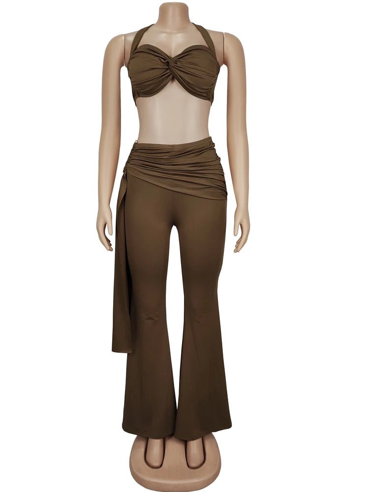 Beyprern New Chic Twist Front Crop Top And Long Straps Wide Legs Pants Set Womens Ruched Metal Tracksuits Set Night Out Overalls - MAGUSTA BEAUTY