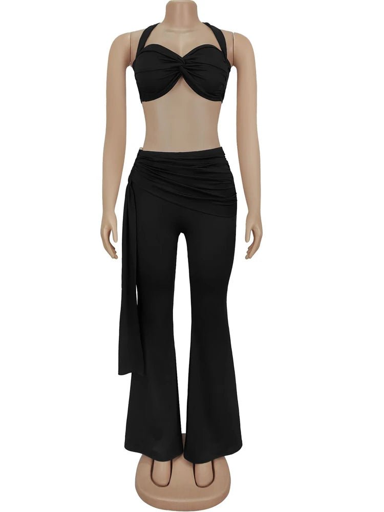 Beyprern New Chic Twist Front Crop Top And Long Straps Wide Legs Pants Set Womens Ruched Metal Tracksuits Set Night Out Overalls - MAGUSTA BEAUTY