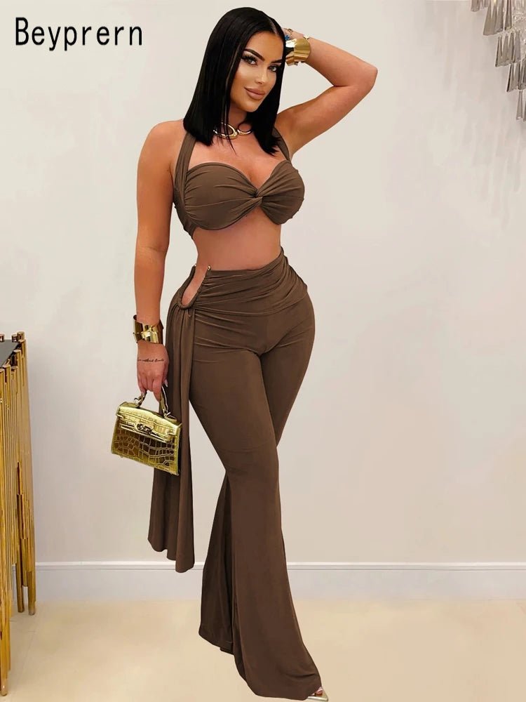Beyprern New Chic Twist Front Crop Top And Long Straps Wide Legs Pants Set Womens Ruched Metal Tracksuits Set Night Out Overalls - MAGUSTA BEAUTY