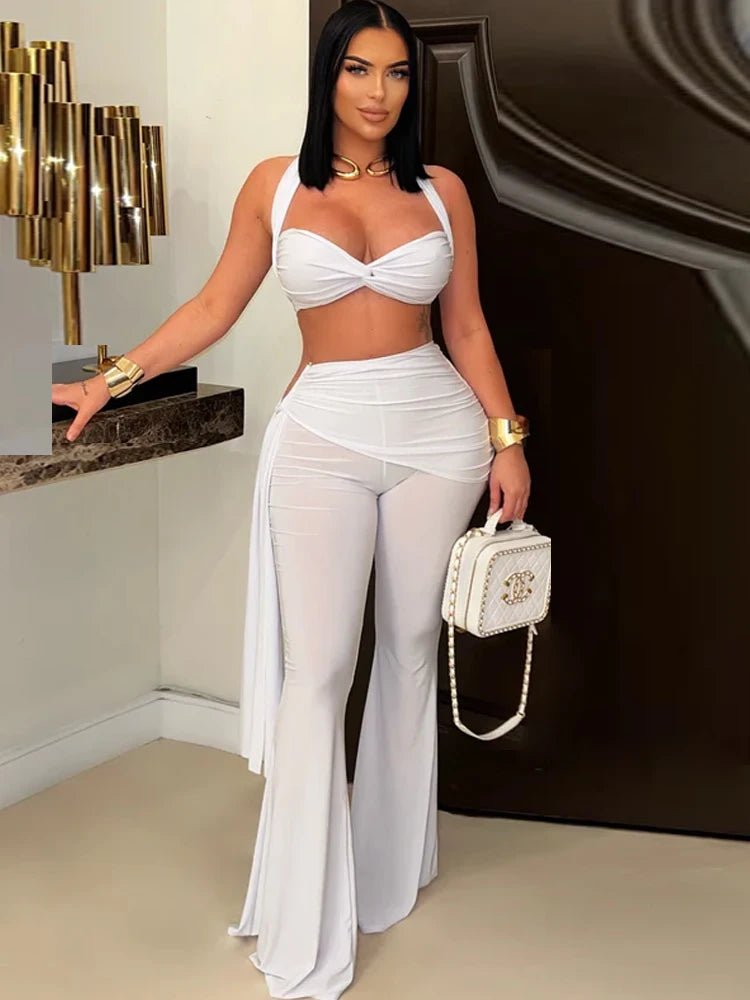 Beyprern New Chic Twist Front Crop Top And Long Straps Wide Legs Pants Set Womens Ruched Metal Tracksuits Set Night Out Overalls - MAGUSTA BEAUTY
