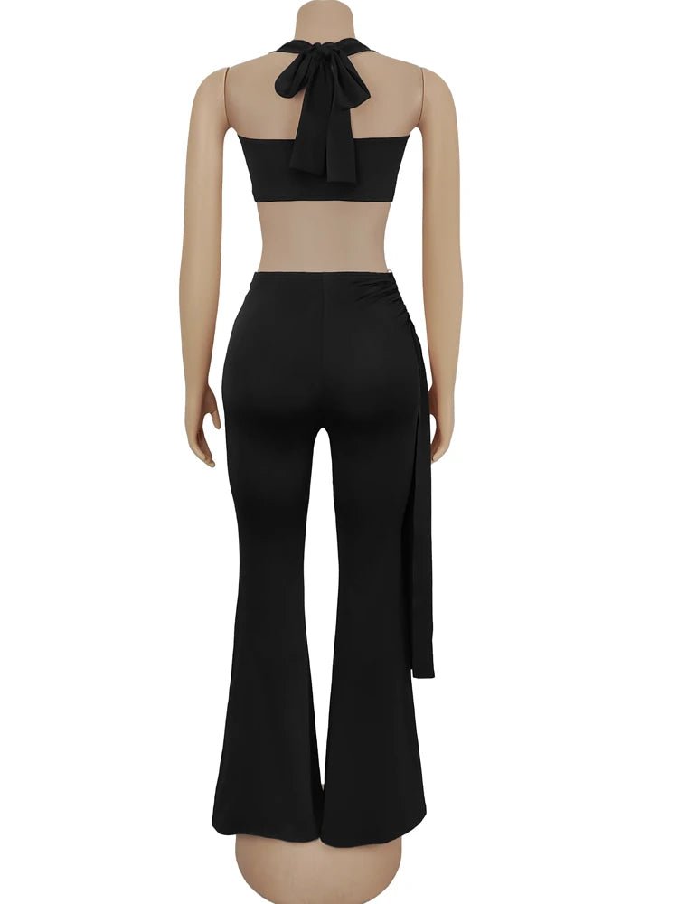 Beyprern New Chic Twist Front Crop Top And Long Straps Wide Legs Pants Set Womens Ruched Metal Tracksuits Set Night Out Overalls - MAGUSTA BEAUTY