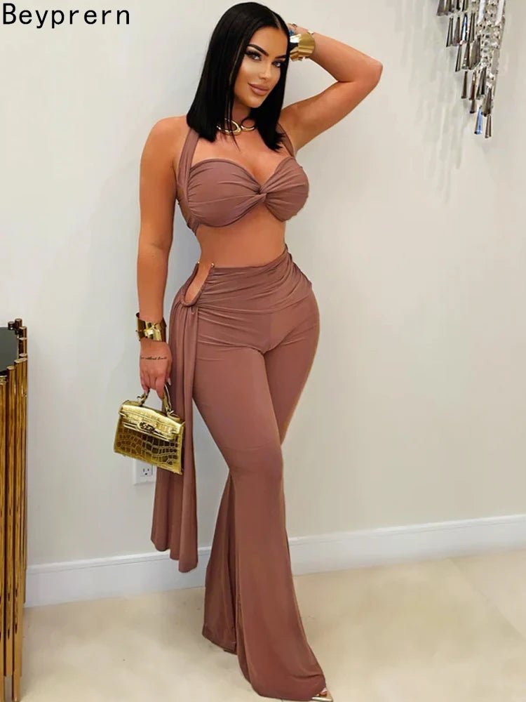 Beyprern New Chic Twist Front Crop Top And Long Straps Wide Legs Pants Set Womens Ruched Metal Tracksuits Set Night Out Overalls - MAGUSTA BEAUTY