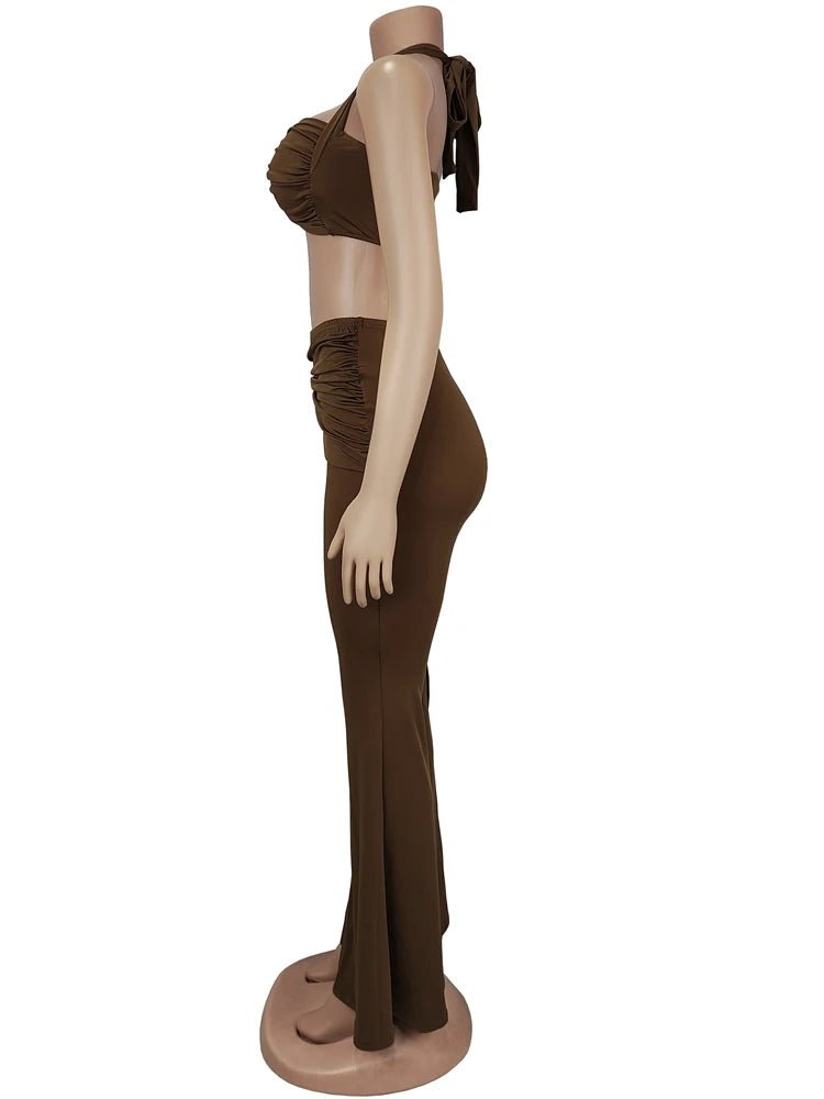 Beyprern New Chic Twist Front Crop Top And Long Straps Wide Legs Pants Set Womens Ruched Metal Tracksuits Set Night Out Overalls - MAGUSTA BEAUTY