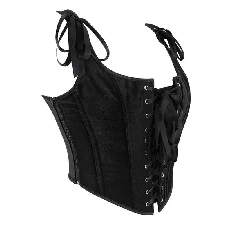Black Velvet Sexy Overbust Corset Crop Tops Women Front Lace Up Side Zipper Shoulder Strap Bustier Vest Slimming Shaper Camis - MAGUSTA BEAUTY