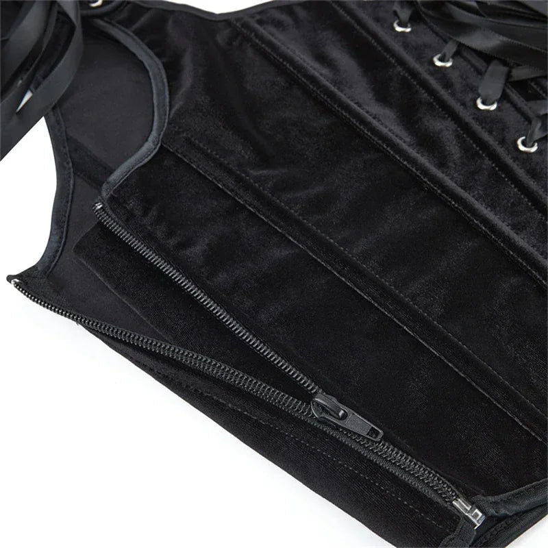 Black Velvet Sexy Overbust Corset Crop Tops Women Front Lace Up Side Zipper Shoulder Strap Bustier Vest Slimming Shaper Camis - MAGUSTA BEAUTY